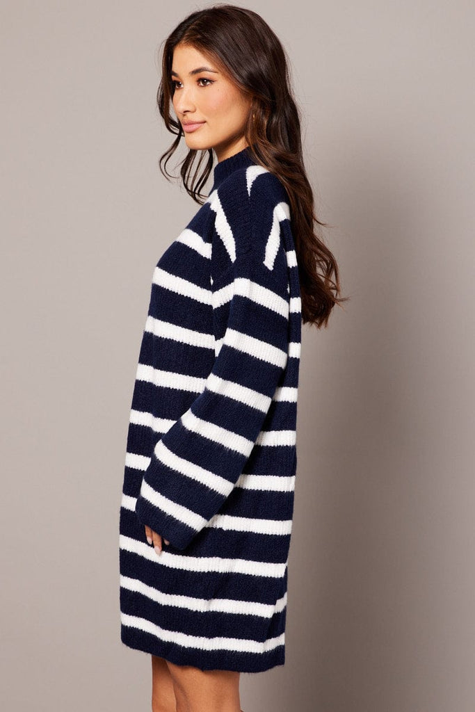 Blue Stripe Knit Jumper Dress Mini