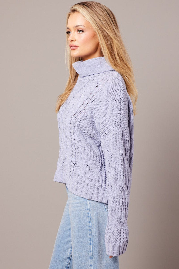 Blue Cable Knit Jumper High Neck